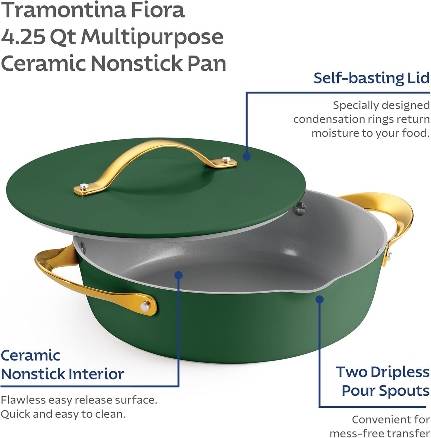 image:imageTramontina Fiora 425Quart Multipurpose Ceramic Non Stick Cooking Pan with Lid GrayGreen