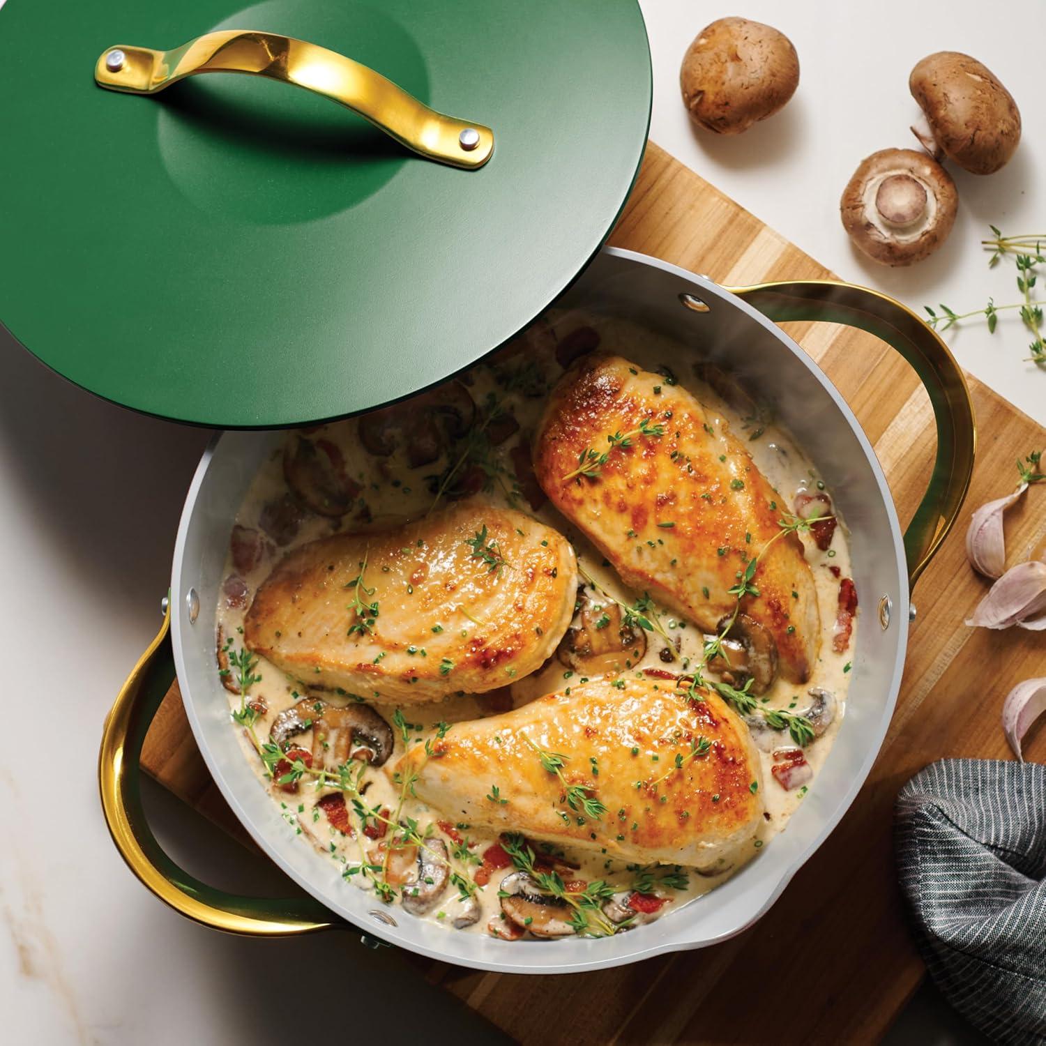 image:imageTramontina Fiora 425Quart Multipurpose Ceramic Non Stick Cooking Pan with Lid WhiteGreen
