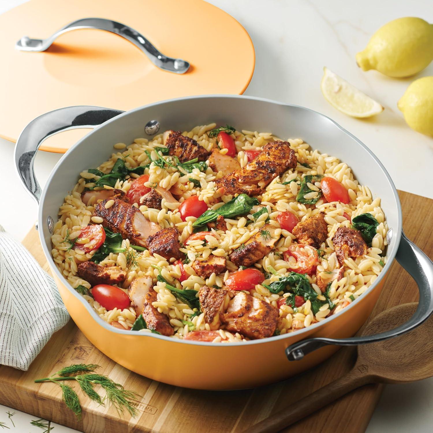 image:imageTramontina Fiora 425Quart Multipurpose Ceramic Non Stick Cooking Pan with Lid WhiteMarigold