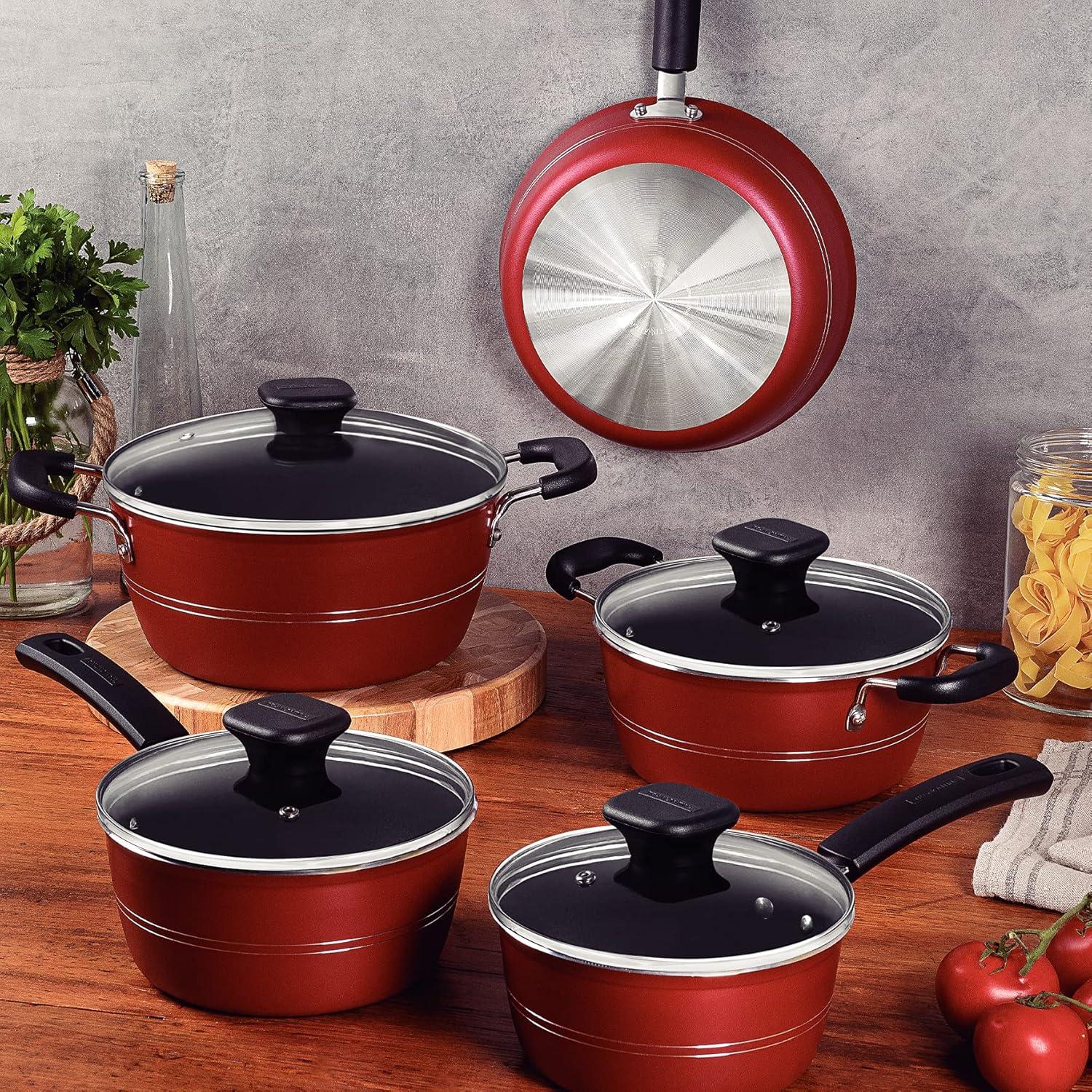 image:imageTramontina Sicilia 8Piece Non Stick Cookware Set with Glass Lids Aluminum Nonstick Pots and Pans Kitchen Set RaspberryRaspberry