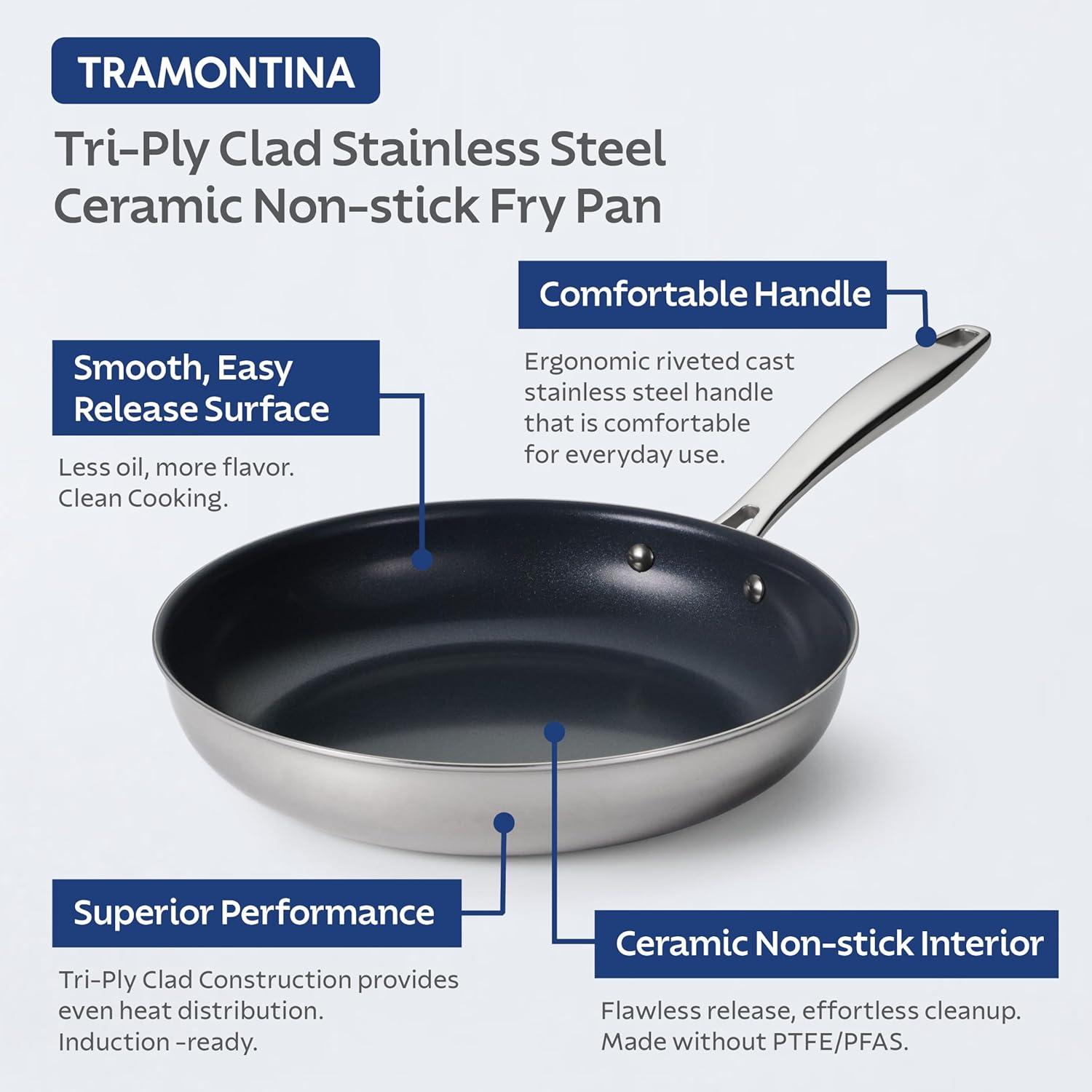 image:imageTramontina Signature TriPly Clad Stainless Steel 3Quart Saute Pan with Lid InductionReady Cooking Pan DishwasherSafe NSFCertified Made in BrazilFRY PAN Ceramic