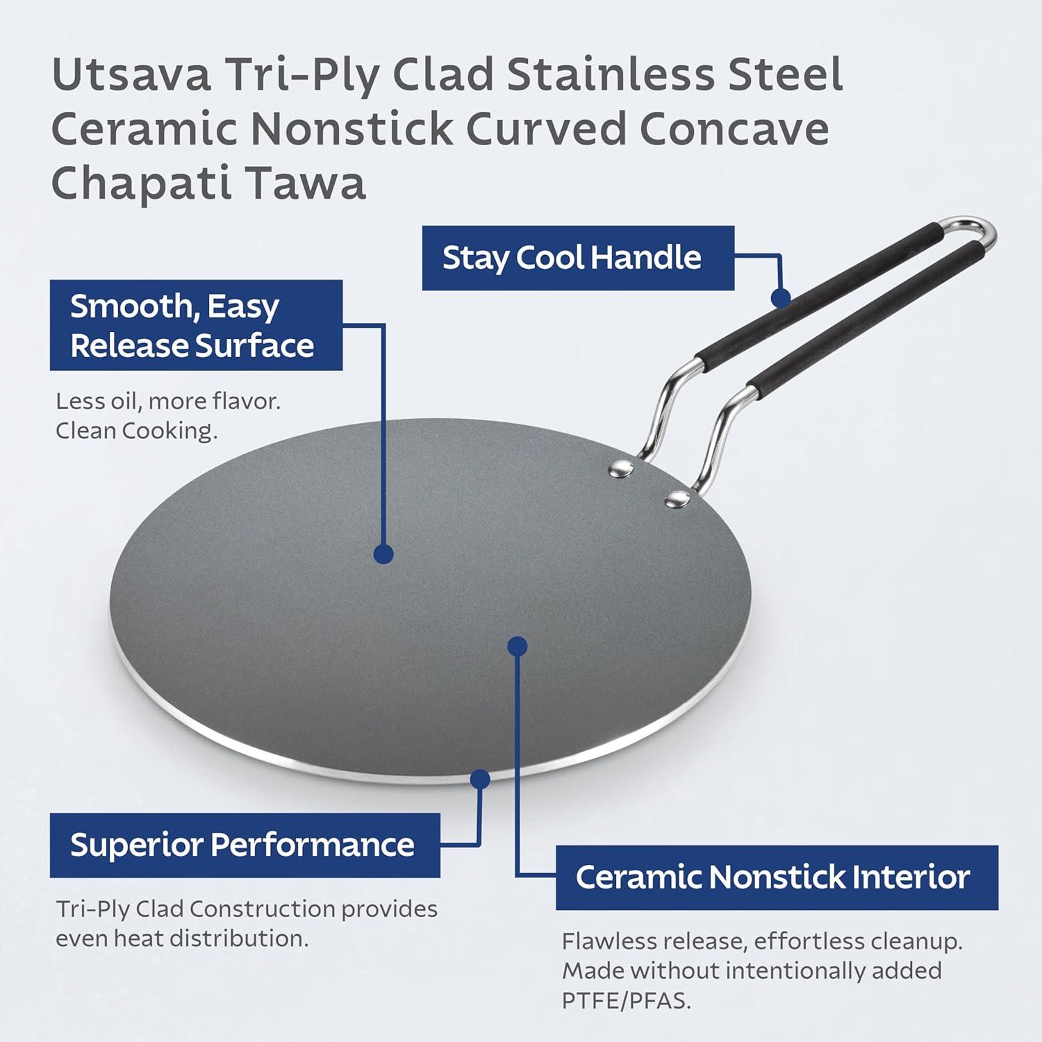 image:imageTramontina Utsava 105Inch TriPly Clad Stainless Steel CeramicCoated Curved Chapati Tawa Nonstick Concave Tava Pan for Roti amp CrepeStainless Steel