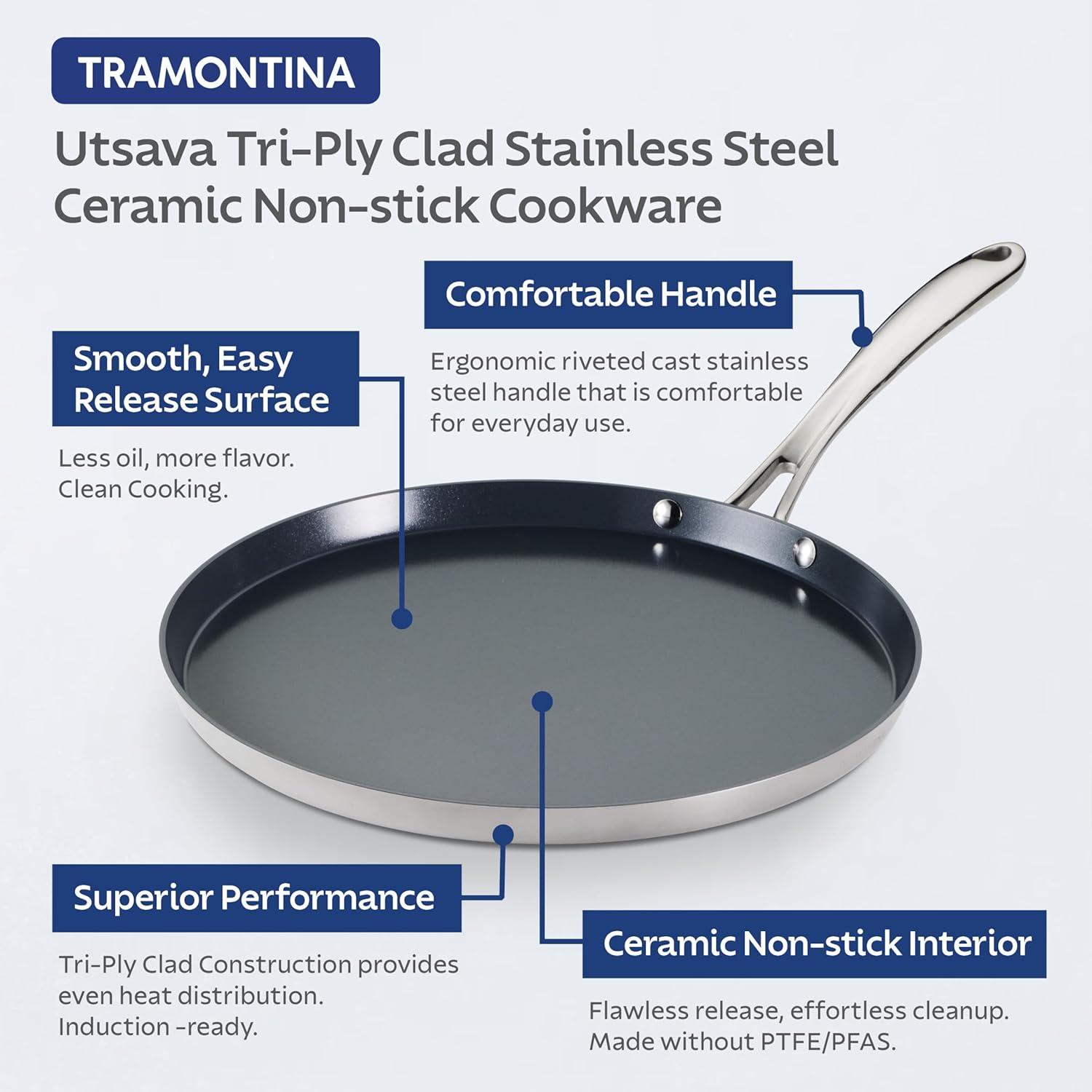 image:imageTramontina Utsava 105Inch TriPly Clad Stainless Steel CeramicCoated Curved Chapati Tawa Nonstick Concave Tava Pan for Roti amp CrepeStainless Steel