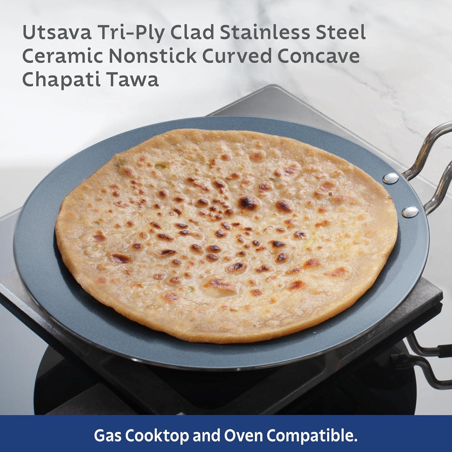 image:imageTramontina Utsava 105Inch TriPly Clad Stainless Steel CeramicCoated Curved Chapati Tawa Nonstick Concave Tava Pan for Roti amp CrepeStainless Steel