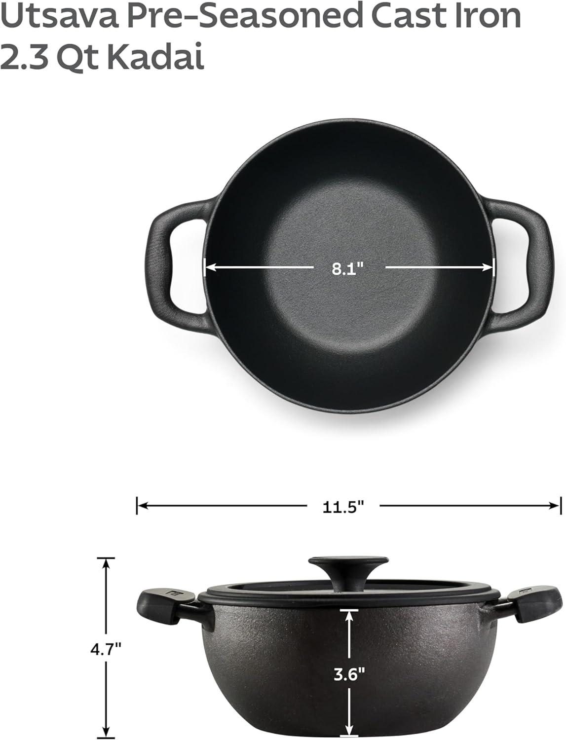image:imageTramontina Utsava 23Quart PreSeasoned Cast Iron Kadai with Lid Small Kadhai Pot for Indian Cooking23Quart