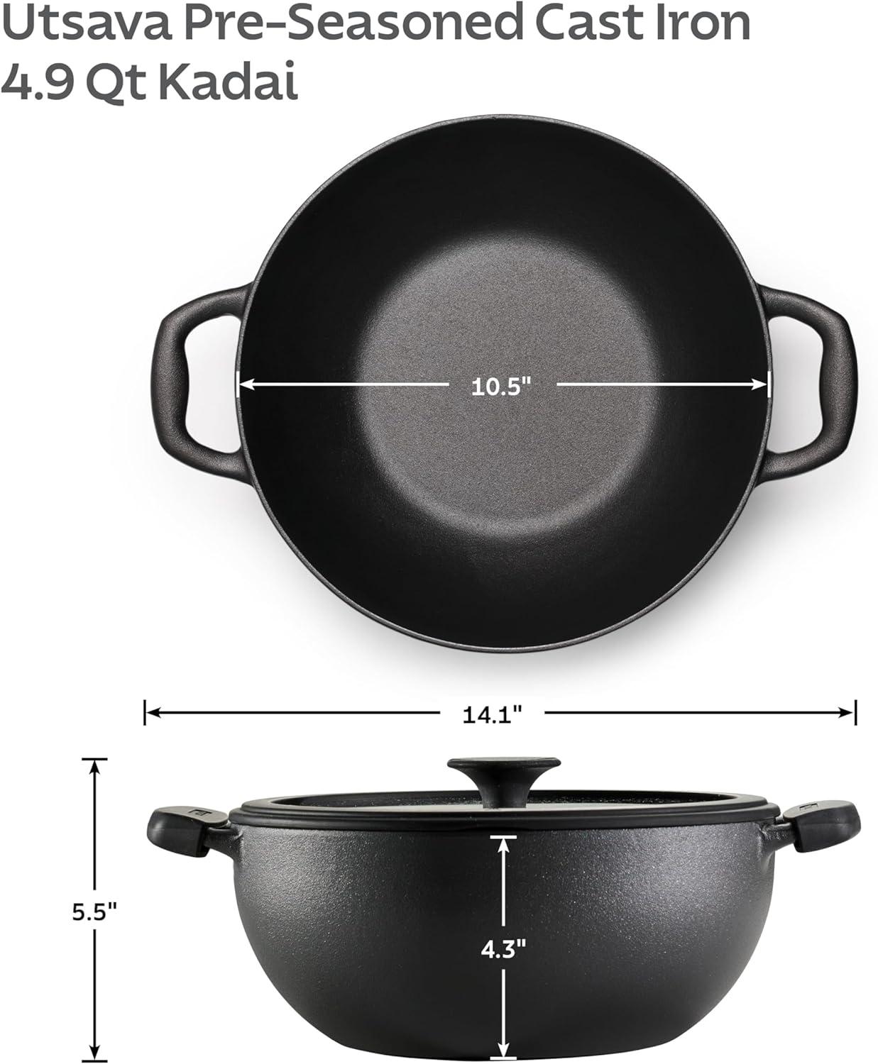 image:imageTramontina Utsava 23Quart PreSeasoned Cast Iron Kadai with Lid Small Kadhai Pot for Indian Cooking49Quart