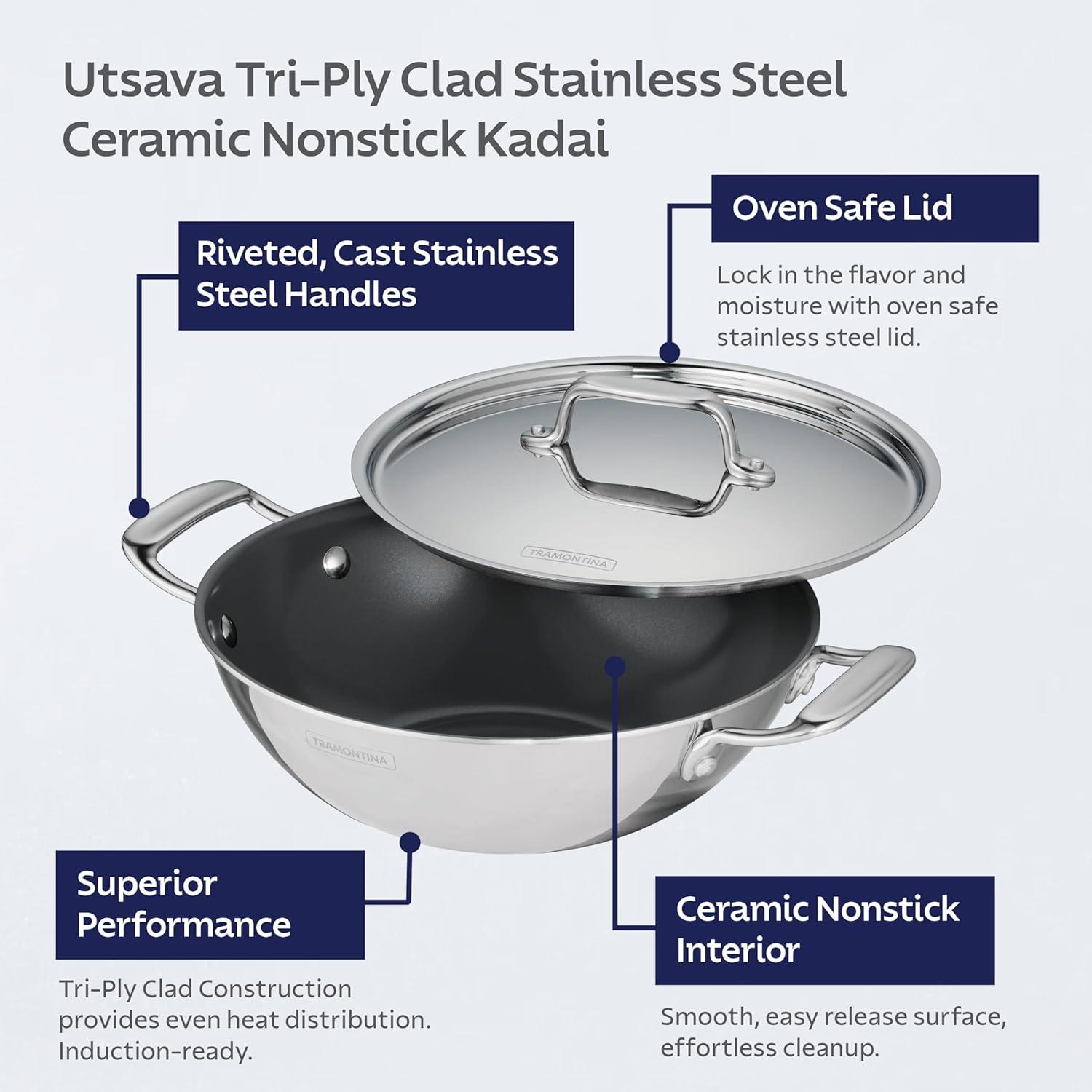 image:imageTramontina Utsava TriPly Clad Stainless Steel 18Quart Kadai with Lid and Ceramic Non Stick Interior InductionReady Small Kadhai Pot for Indian CookingCeramic
