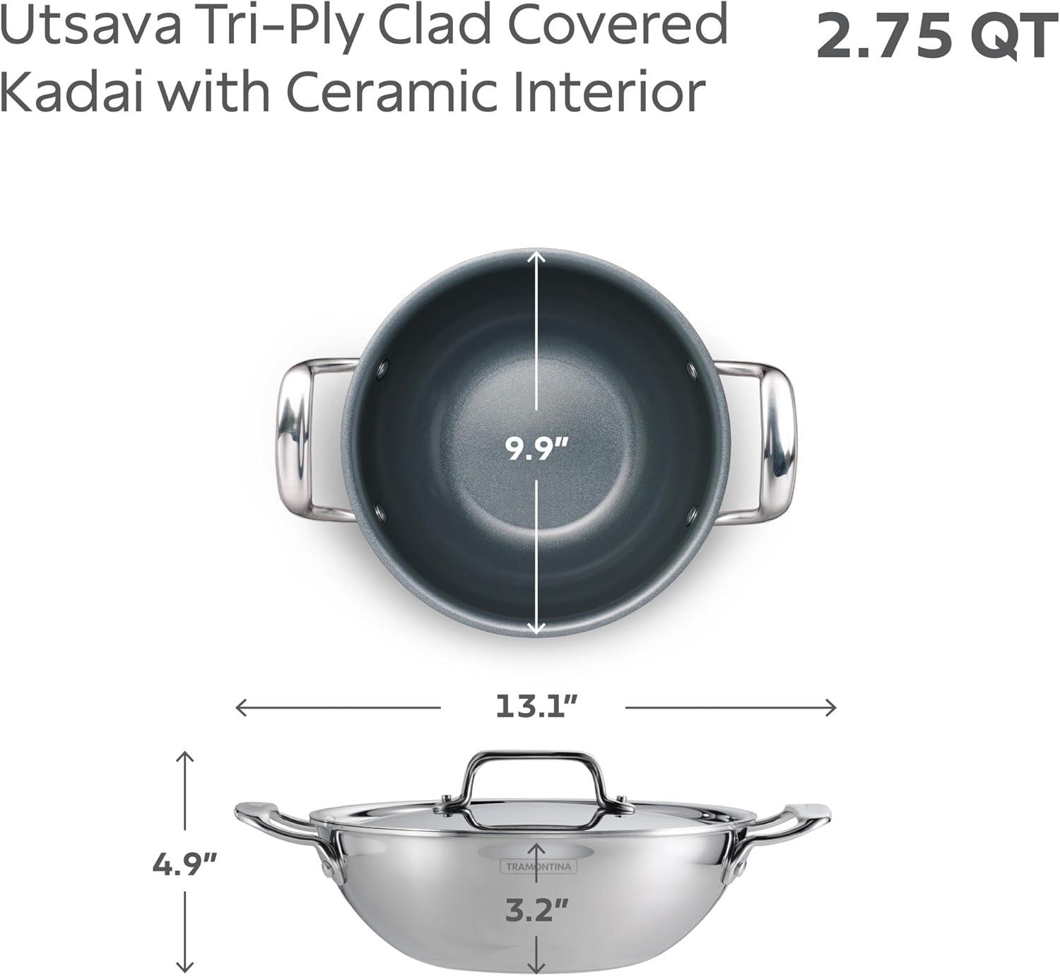 image:imageTramontina Utsava TriPly Clad Stainless Steel 18Quart Kadai with Lid and Ceramic Non Stick Interior InductionReady Small Kadhai Pot for Indian CookingCeramic