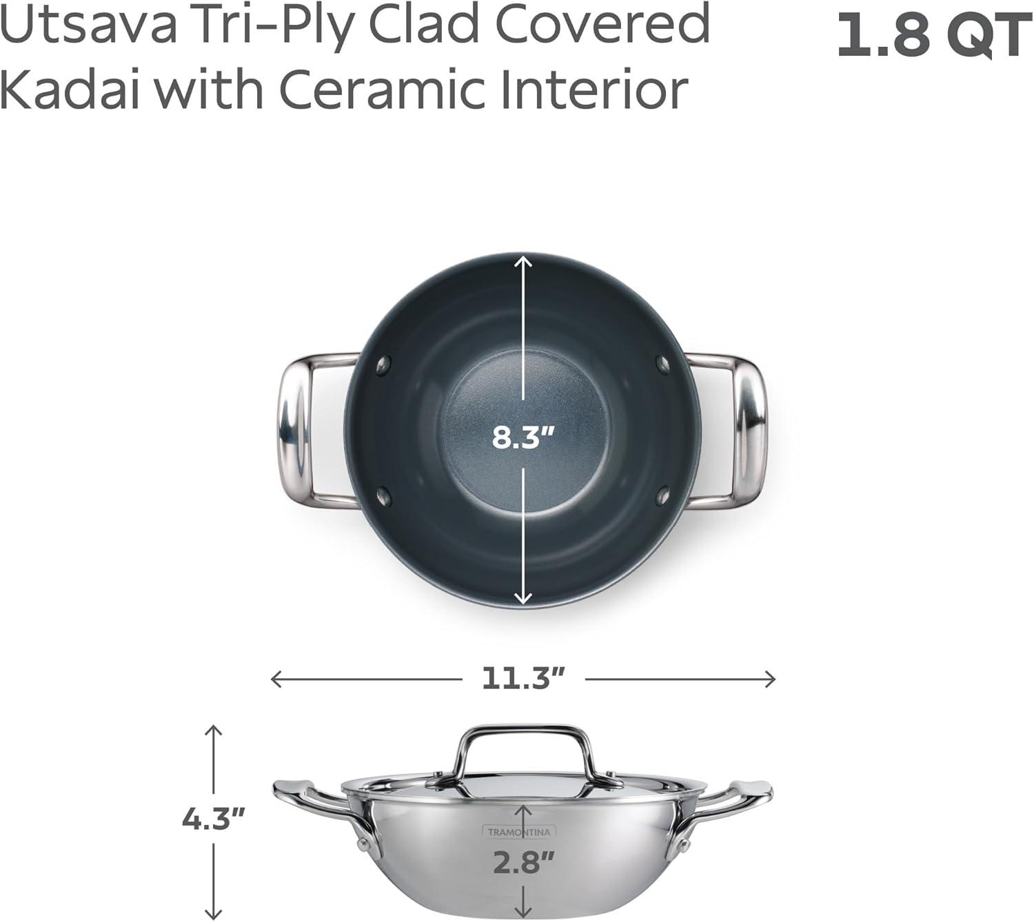 image:imageTramontina Utsava TriPly Clad Stainless Steel 275Quart Kadai with Lid and Ceramic Non Stick Interior InductionReady Kadhai Pot for Indian CookingCeramic