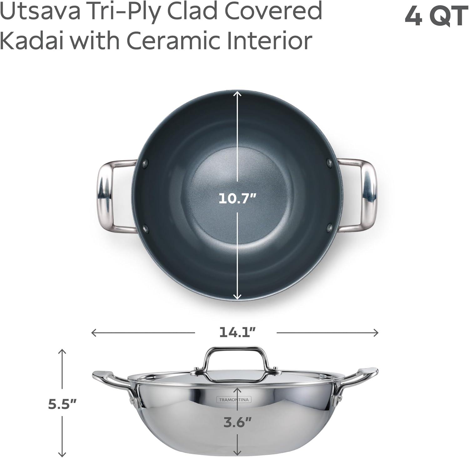 image:imageTramontina Utsava TriPly Clad Stainless Steel 275Quart Kadai with Lid and Ceramic Non Stick Interior InductionReady Kadhai Pot for Indian CookingCeramic