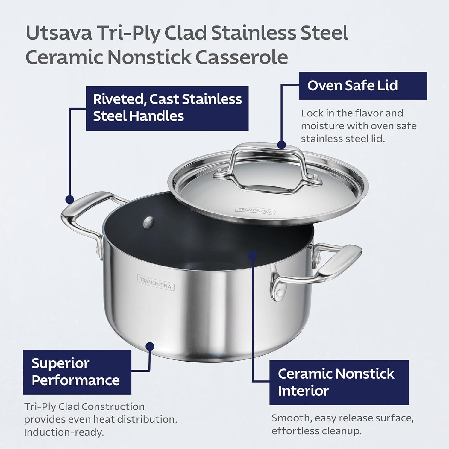 image:imageTramontina Utsava TriPly Clad Stainless Steel 29Quart Saute Pan with Lid and Ceramic Non Stick Interior InductionReady Cooking PanCasserole
