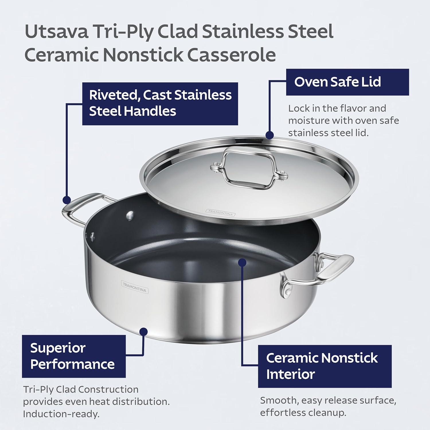 image:imageTramontina Utsava TriPly Clad Stainless Steel 29Quart Saute Pan with Lid and Ceramic Non Stick Interior InductionReady Cooking PanCasserole