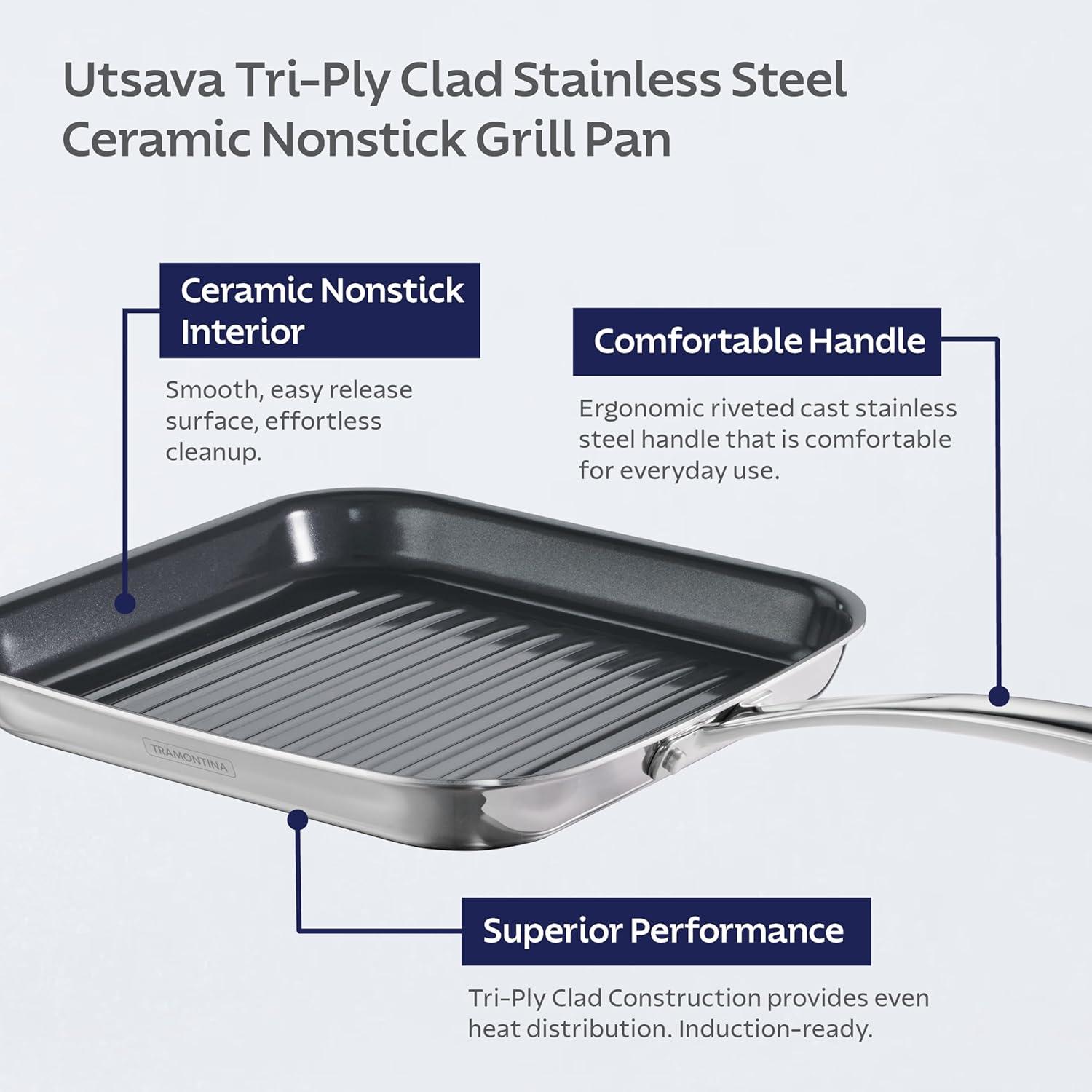 image:imageTramontina Utsava TriPly Clad Stainless Steel 29Quart Saute Pan with Lid and Ceramic Non Stick Interior InductionReady Cooking PanGrill Pan