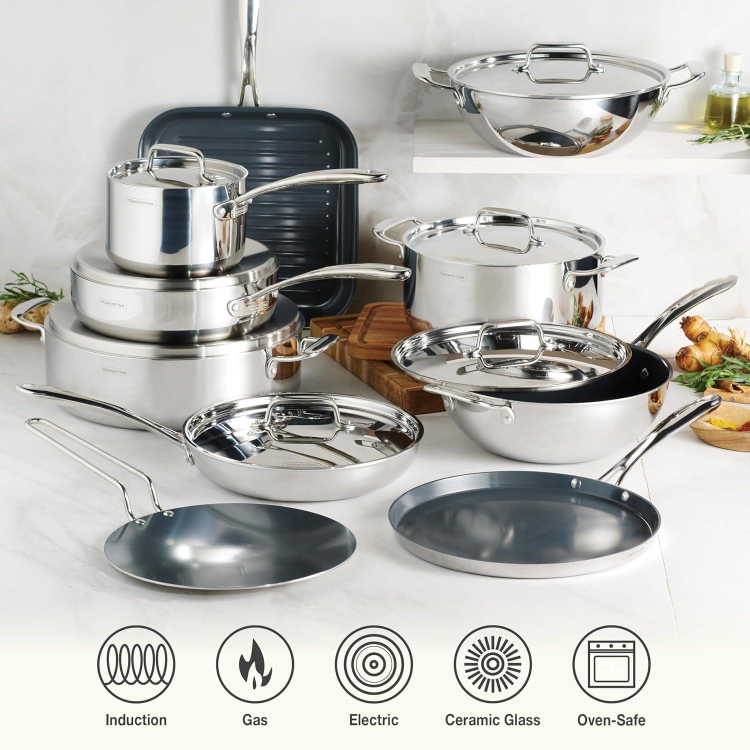image:imageTramontina Utsava TriPly Clad Stainless Steel 29Quart Saute Pan with Lid and Ceramic Non Stick Interior InductionReady Cooking PanGrill Pan