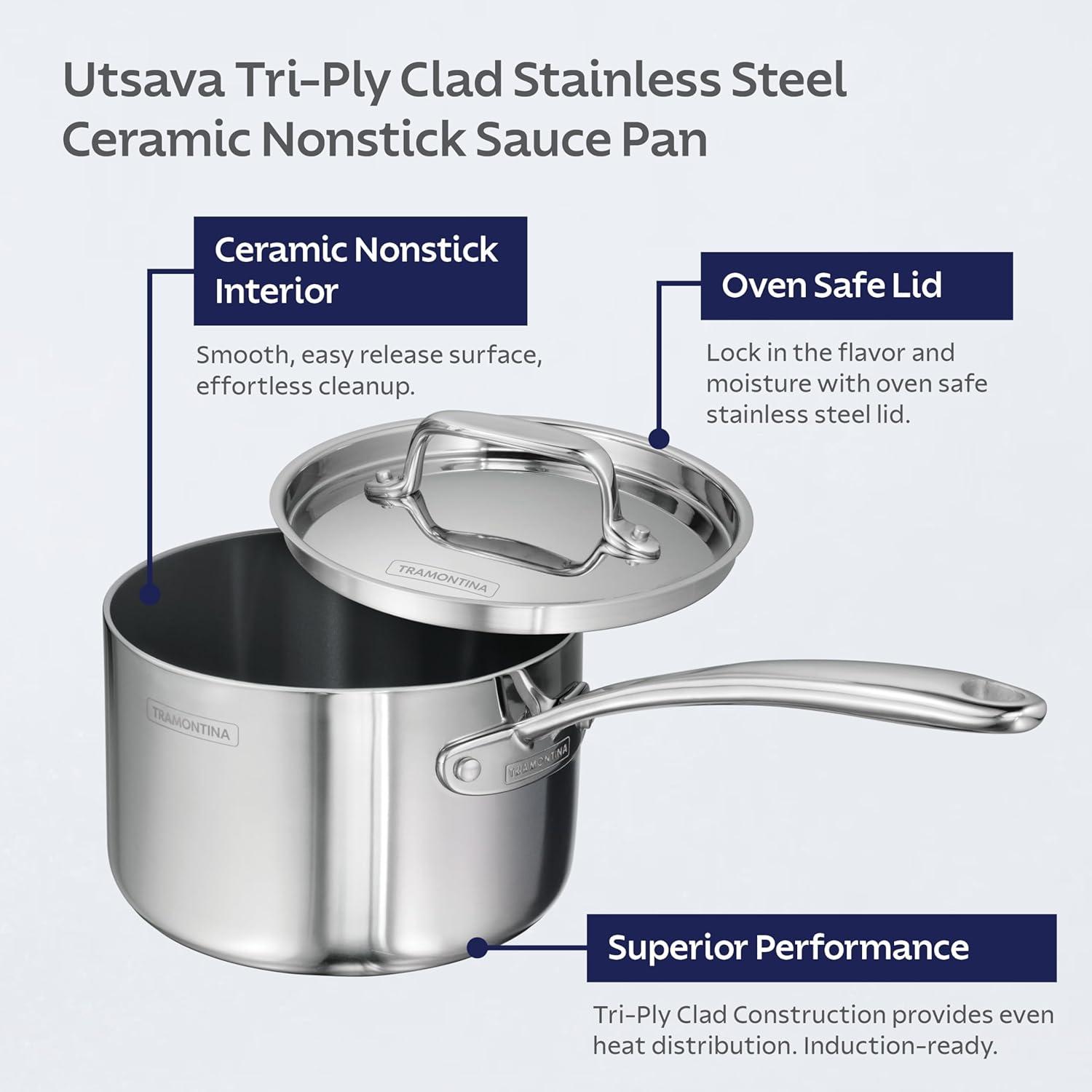image:imageTramontina Utsava TriPly Clad Stainless Steel 29Quart Saute Pan with Lid and Ceramic Non Stick Interior InductionReady Cooking PanSauce Pan