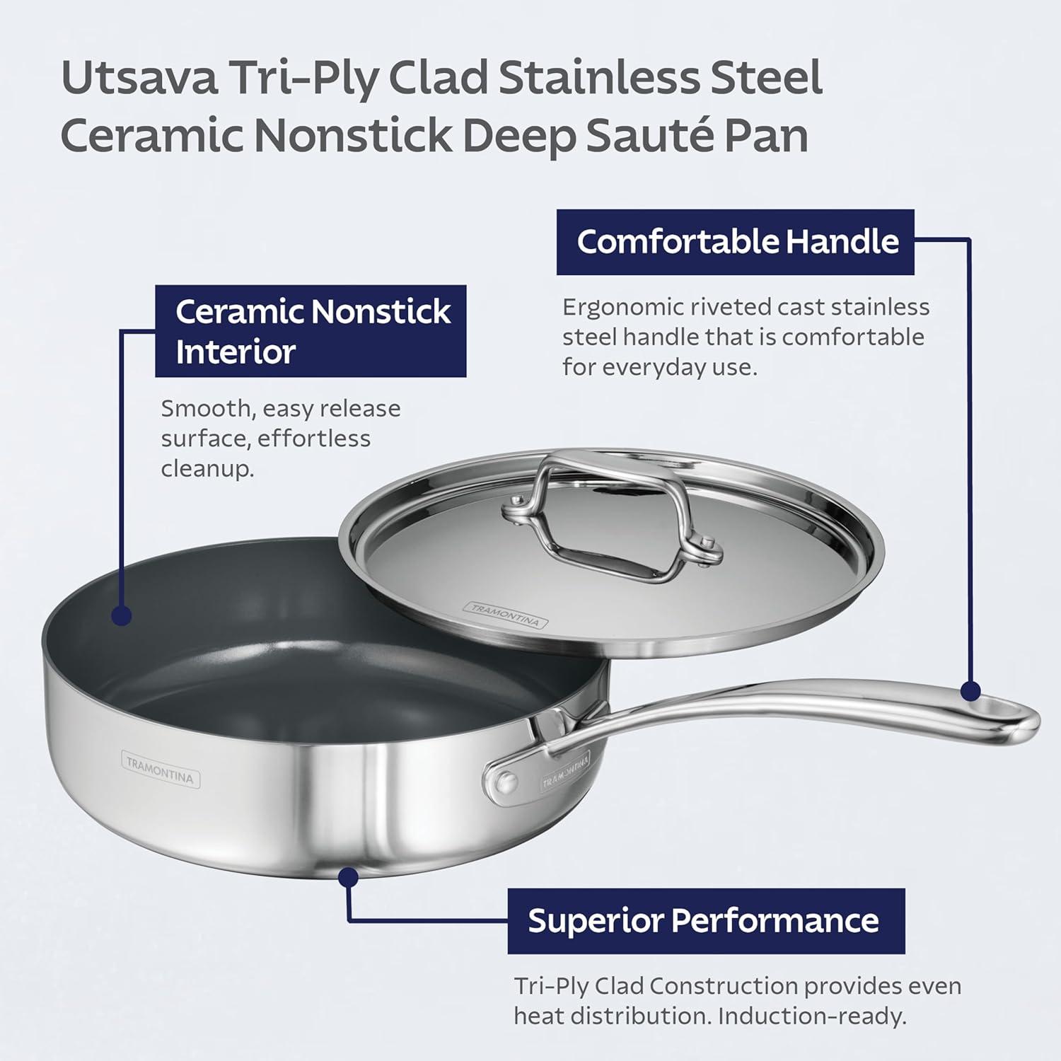 image:imageTramontina Utsava TriPly Clad Stainless Steel 29Quart Saute Pan with Lid and Ceramic Non Stick Interior InductionReady Cooking PanSaute Pan