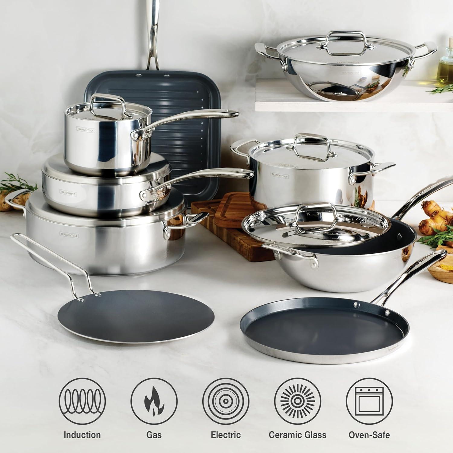 image:imageTramontina Utsava TriPly Clad Stainless Steel 29Quart Saute Pan with Lid and Ceramic Non Stick Interior InductionReady Cooking PanWok