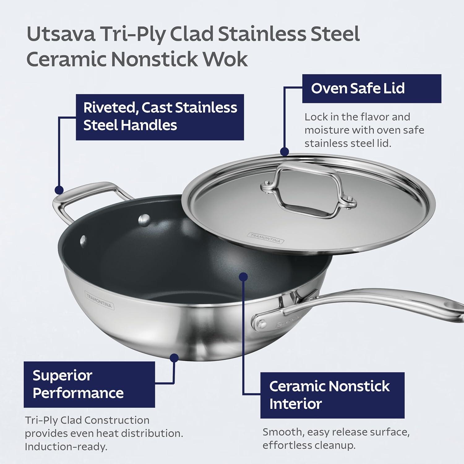 image:imageTramontina Utsava TriPly Clad Stainless Steel 29Quart Saute Pan with Lid and Ceramic Non Stick Interior InductionReady Cooking PanWok