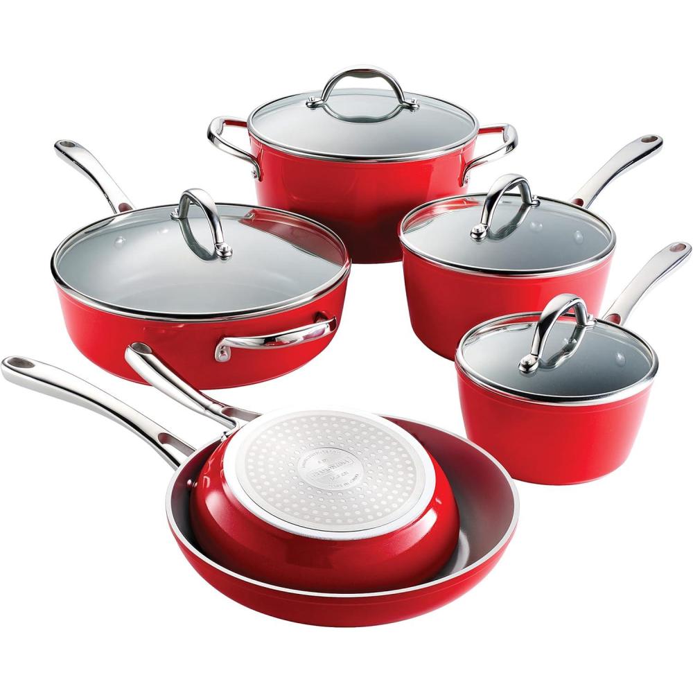 image:imageTramontina 10Piece Ceramic Non Stick Cookware Set with Lids HeavyGauge Aluminum Pots and Pans Kitchen Set with Ceramic Nonstick Coating Dishwasher and Oven Safe RedRed