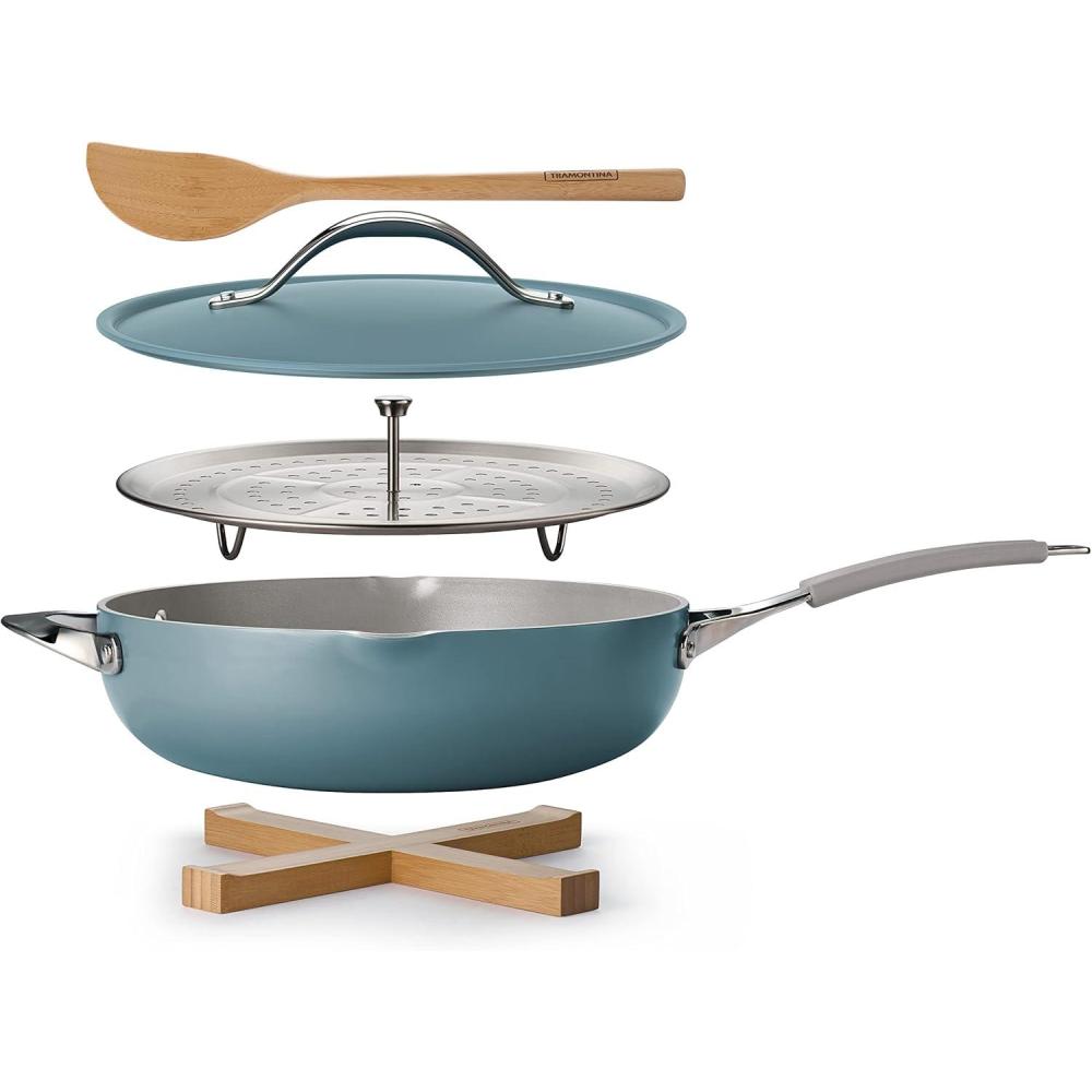 image:imageTramontina AllinOne Plus Pan Set 5Quart Ceramic Non Stick Cooking Pan with Lid Steamer Insert Bamboo Utensil and Trivet BlueBlue