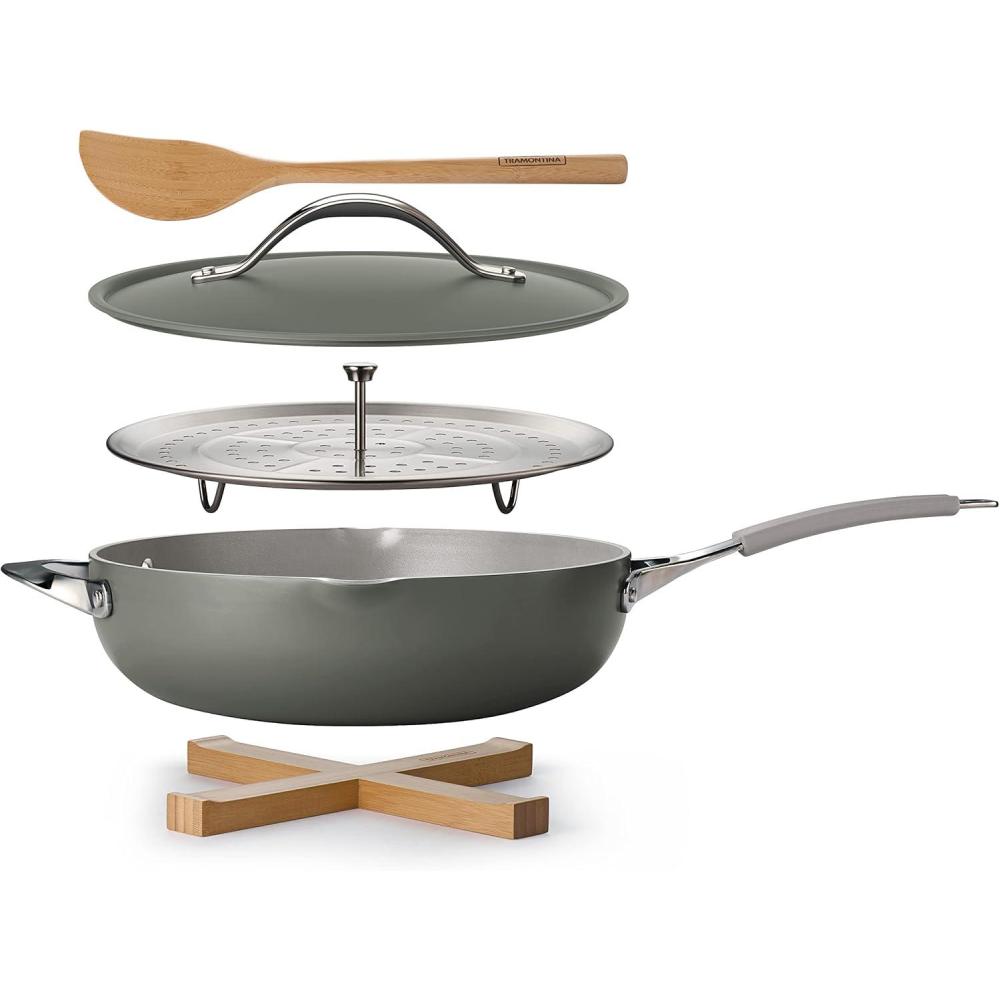 image:imageTramontina AllinOne Plus Pan Set 5Quart Ceramic Non Stick Cooking Pan with Lid Steamer Insert Bamboo Utensil and Trivet BlueGray