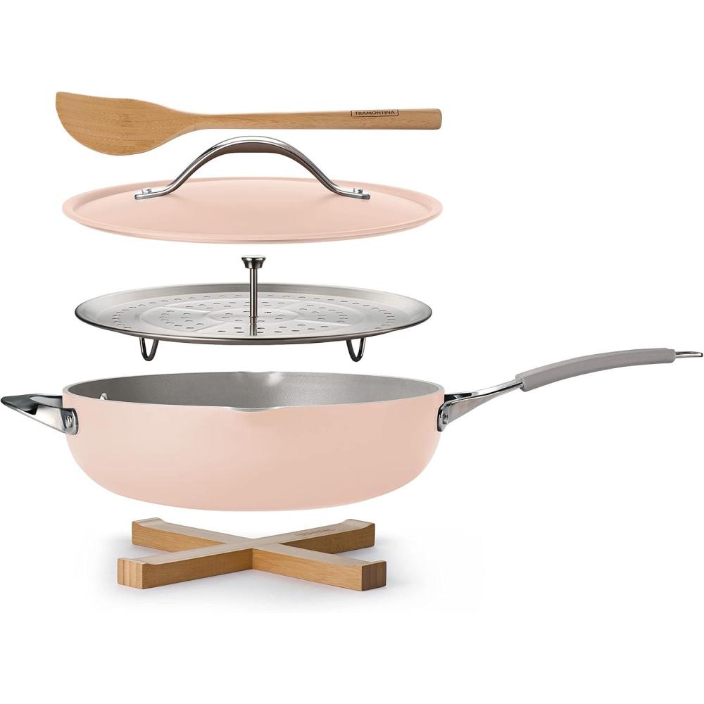 image:imageTramontina AllinOne Plus Pan Set 5Quart Ceramic Non Stick Cooking Pan with Lid Steamer Insert Bamboo Utensil and Trivet BluePink