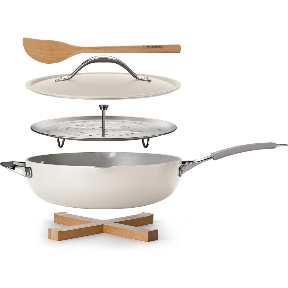 image:imageTramontina AllinOne Plus Pan Set 5Quart Ceramic Non Stick Cooking Pan with Lid Steamer Insert Bamboo Utensil and Trivet BlueWhite