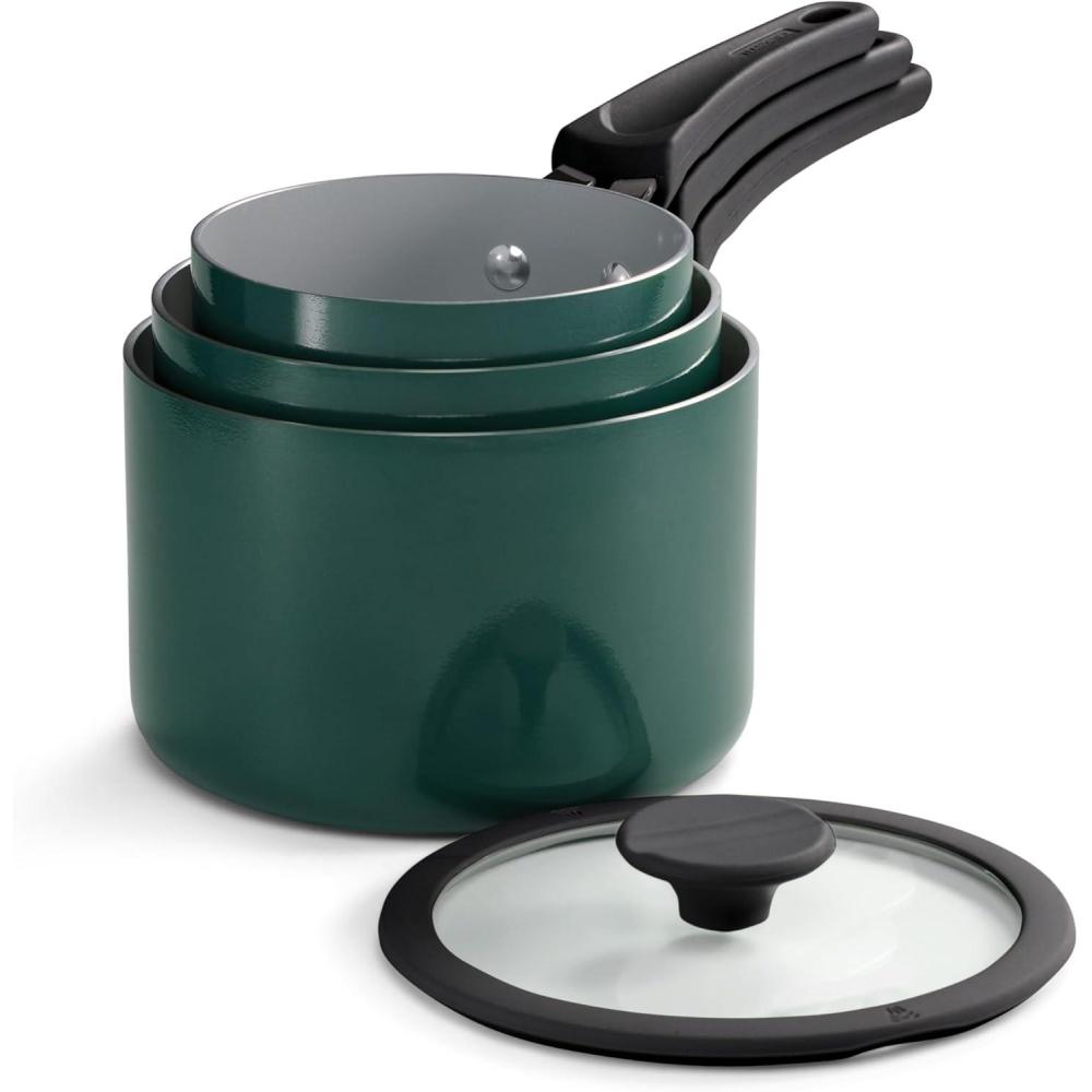 image:imageTramontina Ceramic Non Stick 6Piece Nesting Sauce Pan Set with Lids Stackable Nonstick Cookware Set Dishwasher and Oven Safe Dark GrayTeal Ceramic