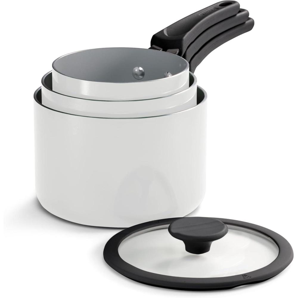 image:imageTramontina Ceramic Non Stick 6Piece Nesting Sauce Pan Set with Lids Stackable Nonstick Cookware Set Dishwasher and Oven Safe Dark GrayWhite Ceramic