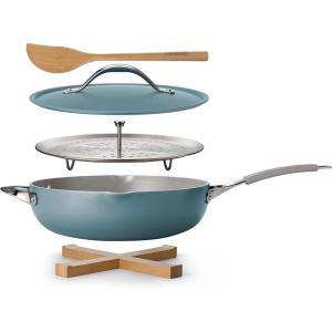 image:imageTramontina AllinOne Plus Pan Set 5Quart Ceramic Non Stick Cooking Pan with Lid Steamer Insert Bamboo Utensil and Trivet BlueBlue