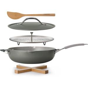 image:imageTramontina AllinOne Plus Pan Set 5Quart Ceramic Non Stick Cooking Pan with Lid Steamer Insert Bamboo Utensil and Trivet BlueGray