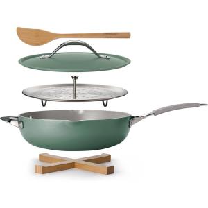 image:imageTramontina AllinOne Plus Pan Set 5Quart Ceramic Non Stick Cooking Pan with Lid Steamer Insert Bamboo Utensil and Trivet BlueGreen