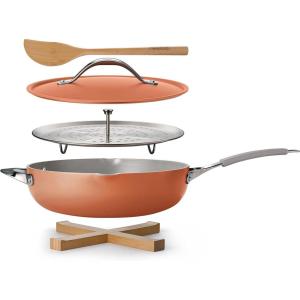 image:imageTramontina AllinOne Plus Pan Set 5Quart Ceramic Non Stick Cooking Pan with Lid Steamer Insert Bamboo Utensil and Trivet BlueOrange