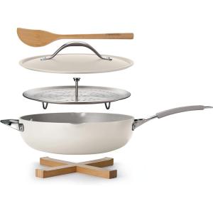 image:imageTramontina AllinOne Plus Pan Set 5Quart Ceramic Non Stick Cooking Pan with Lid Steamer Insert Bamboo Utensil and Trivet BlueWhite