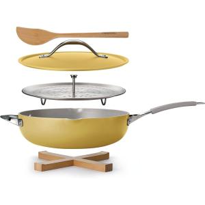 image:imageTramontina AllinOne Plus Pan Set 5Quart Ceramic Non Stick Cooking Pan with Lid Steamer Insert Bamboo Utensil and Trivet BlueYellow
