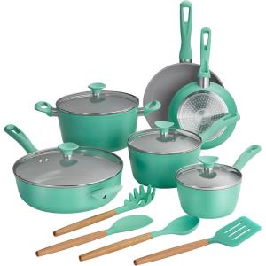 image:imageTramontina Solara 14Piece Ceramic Non Stick Cookware Set with Lids HeavyGauge Aluminum Pots and Pans Kitchen Set with Nonstick Coating Dishwasher and Oven Safe Teal