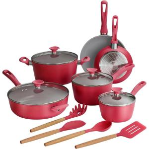 image:imageTramontina Solara 14Piece Ceramic Non Stick Cookware Set with Lids HeavyGauge Aluminum Pots and Pans Kitchen Set with Nonstick Coating Dishwasher and Oven Safe Red