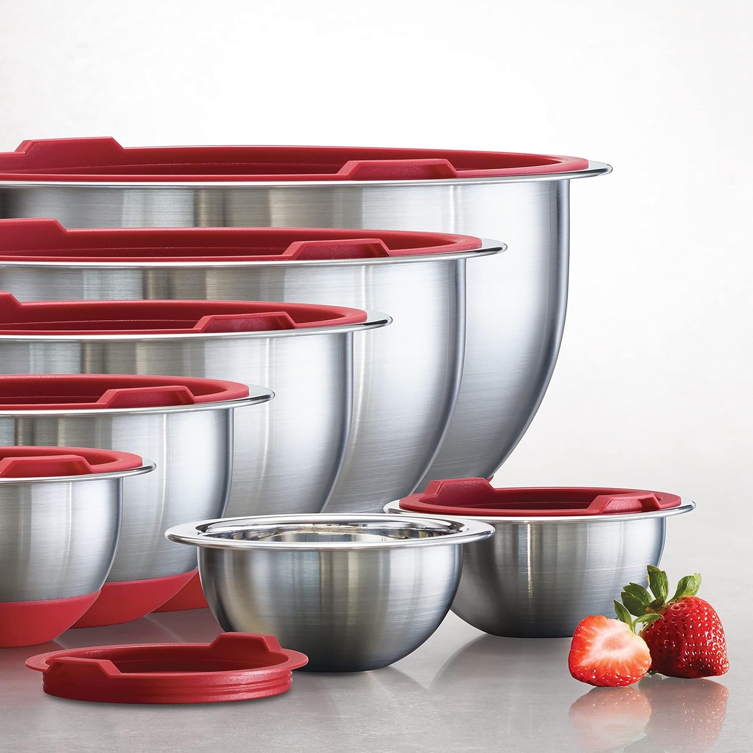 image:imageTramontina 14piece Stainless Steel Mixing Bowl Set with Red Lids 80202508DS