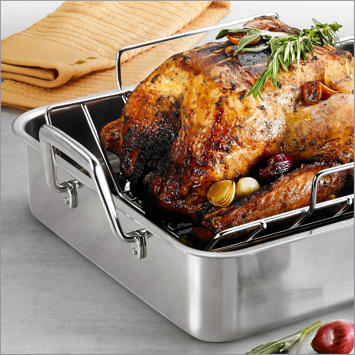 image:imageTramontina 1675Inch Stainless Steel Roasting Pan with Rack Flared Edge Turkey Roaster for Oven Dishwasher Safe Made in Brazil165Inch