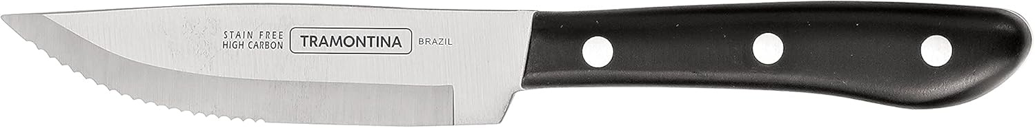 image:imageTramontina Porterhouse 4Piece Steak Knives 5Inch Stainless Steel HighCarbon Serrated Blade Kitchen Knife Set with Hardwood Block FullTang DishwasherSafe4Piece with Block