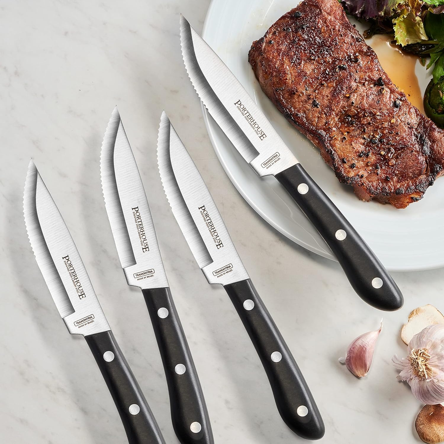 image:imageTramontina Porterhouse 4Piece Steak Knives 5Inch Stainless Steel HighCarbon Serrated Blade Kitchen Knife Set with Hardwood Block FullTang DishwasherSafe4Piece with Block