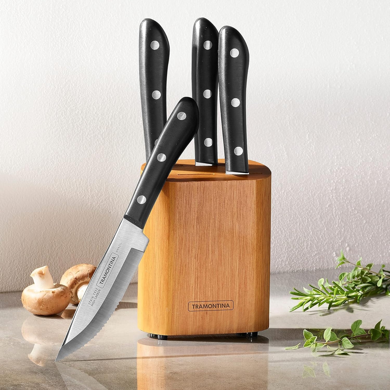 image:imageTramontina Porterhouse 4Piece Steak Knives 5Inch Stainless Steel HighCarbon Serrated Blade Kitchen Knife Set with Hardwood Block FullTang DishwasherSafe4Piece with Block