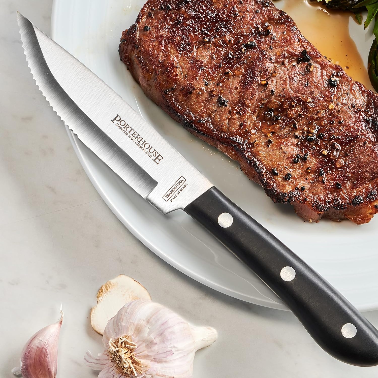 image:imageTramontina Porterhouse 4Piece Steak Knives 5Inch Stainless Steel HighCarbon Serrated Blade Kitchen Knife Set with Hardwood Block FullTang DishwasherSafe4Piece with Block