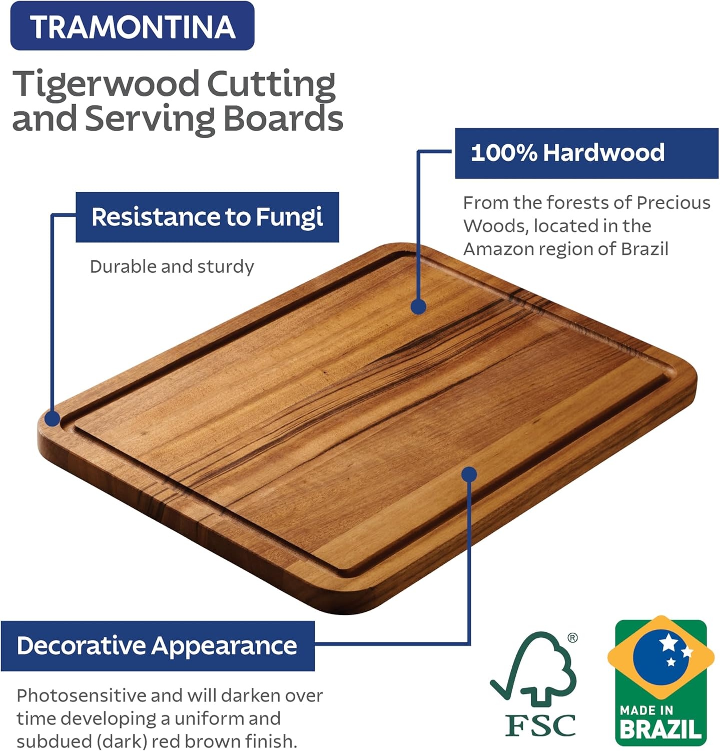 image:imageTramontina FSC Certified Brazilian Tigerwood Cutting and Serving Board 15 x 11in 81000048DS3 Pack