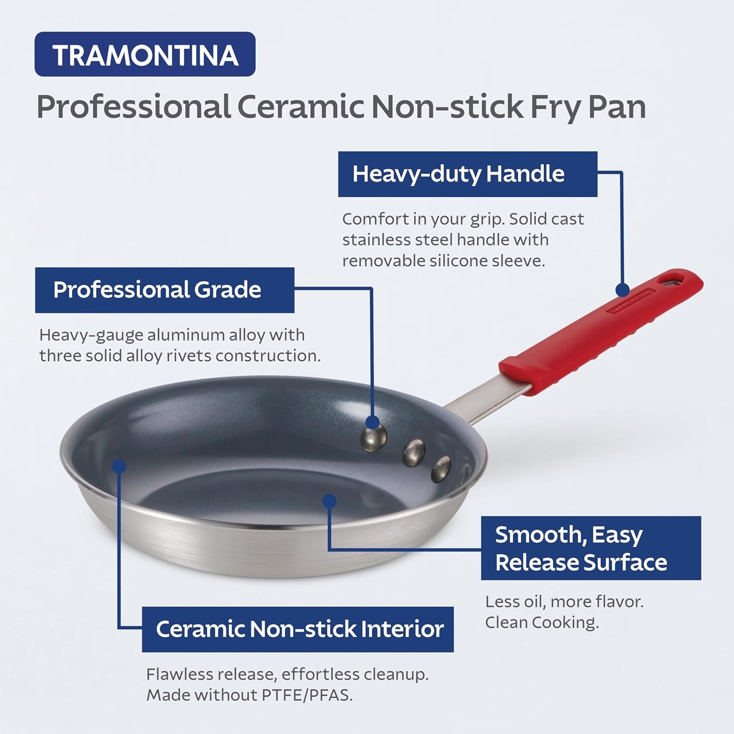 image:imageTramontina Professional 12Inch Non Stick Large Frying Pan HeavyGauge Aluminum Skillet with Reinforced Nonstick Coating Red Handle Dishwasher and Oven SafeCeramic Gray