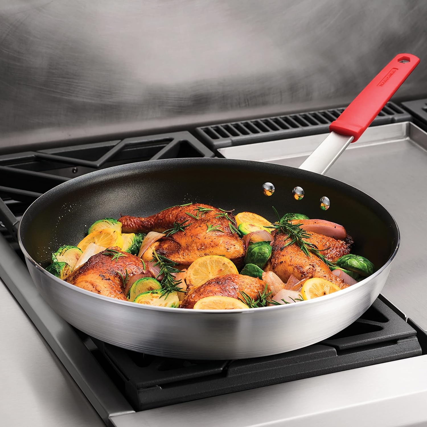 image:imageTramontina Professional 12Inch Non Stick Large Frying Pan HeavyGauge Aluminum Skillet with Reinforced Nonstick Coating Red Handle Dishwasher and Oven SafeNonstick Red handle
