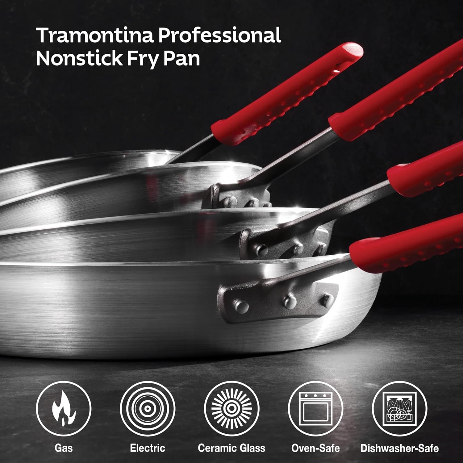 image:imageTramontina Professional 12Inch Non Stick Large Frying Pan HeavyGauge Aluminum Skillet with Reinforced Nonstick Coating Red Handle Dishwasher and Oven SafeNonstick Red handle