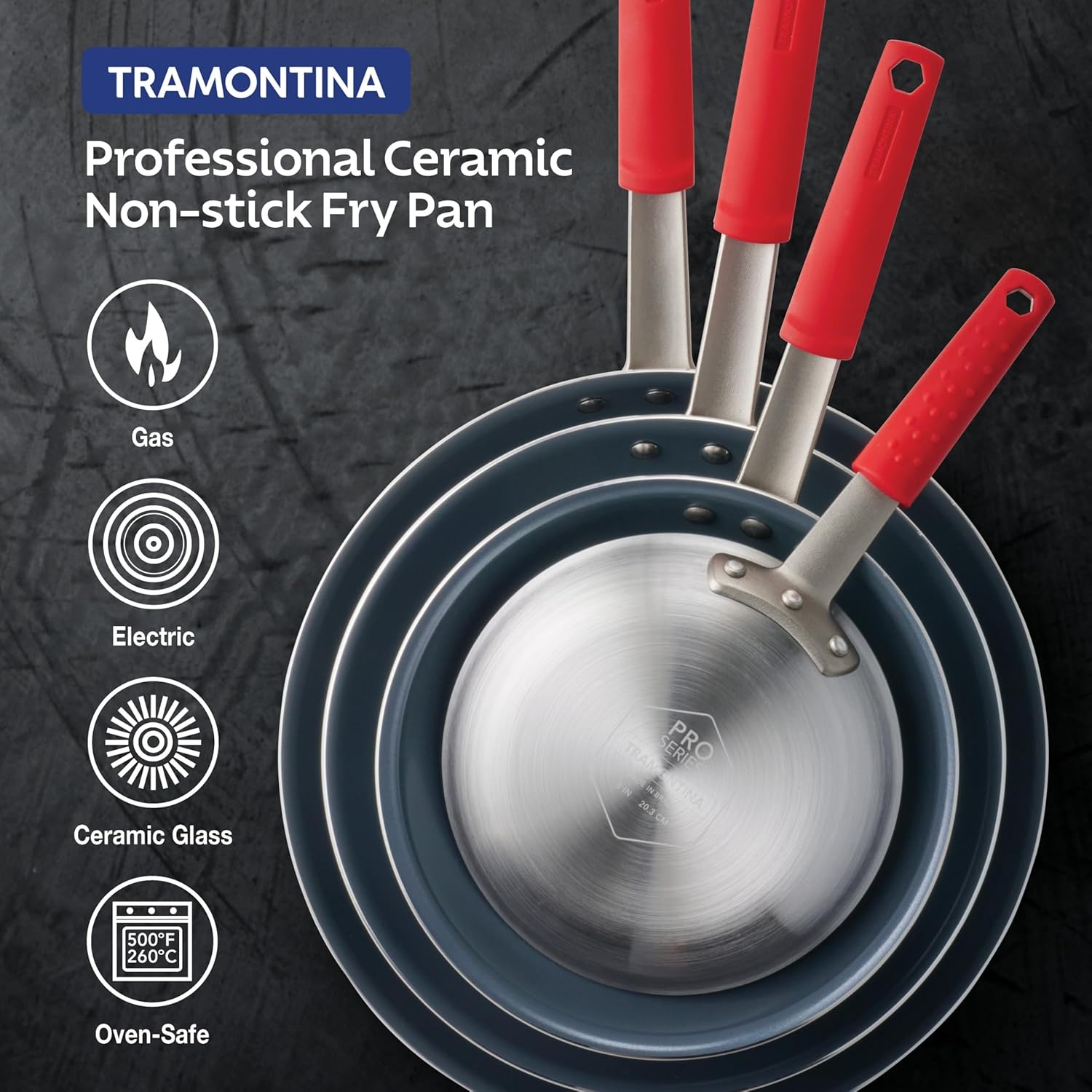 image:imageTramontina Professional 12Inch Non Stick Large Frying Pan HeavyGauge Aluminum Skillet with Reinforced Nonstick Coating Red Handle Dishwasher and Oven SafeCeramic Gray