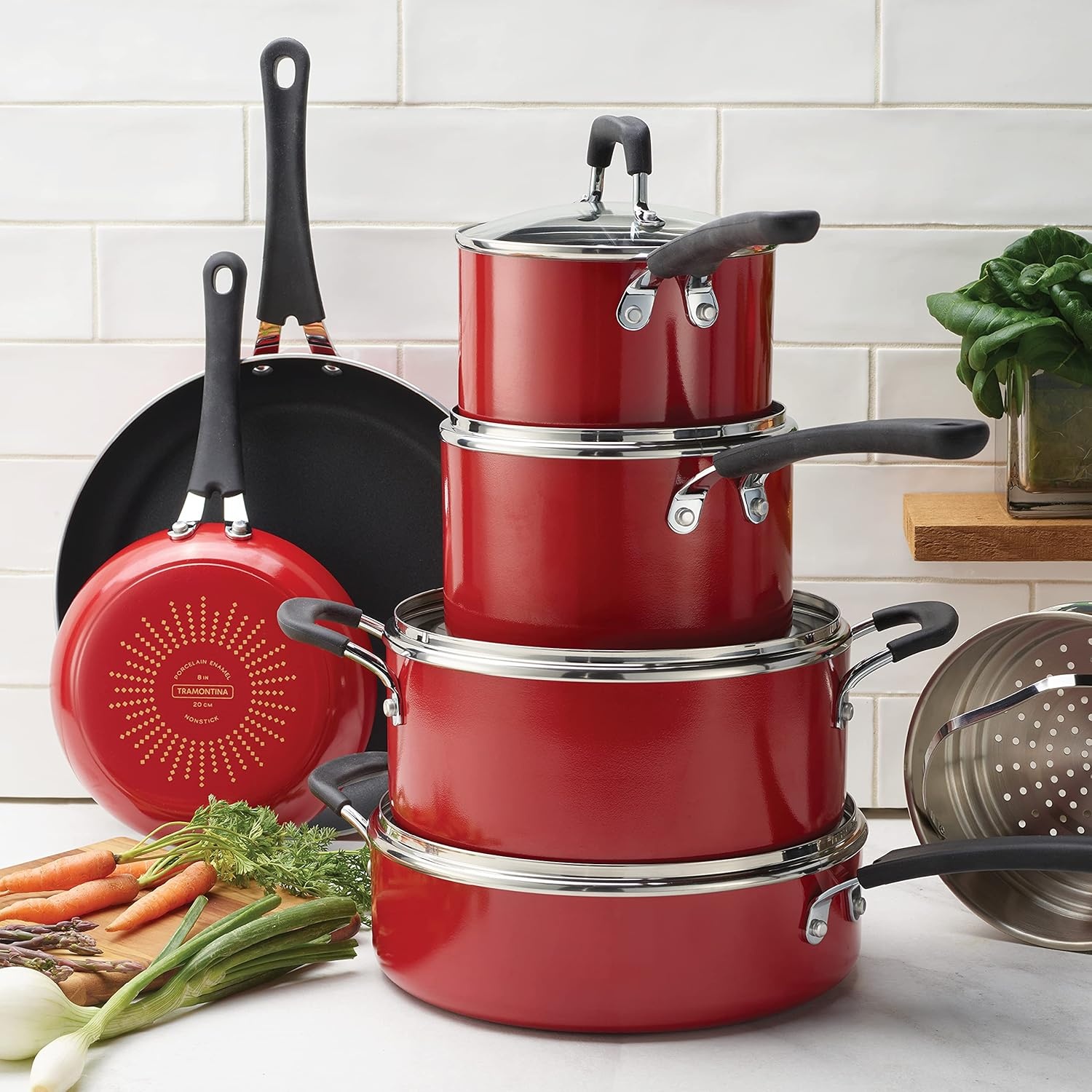 image:imageTramontina 11Piece Non Stick Cookware Set with Lids Aluminum Nonstick Pots and Pans Kitchen Set RedRed