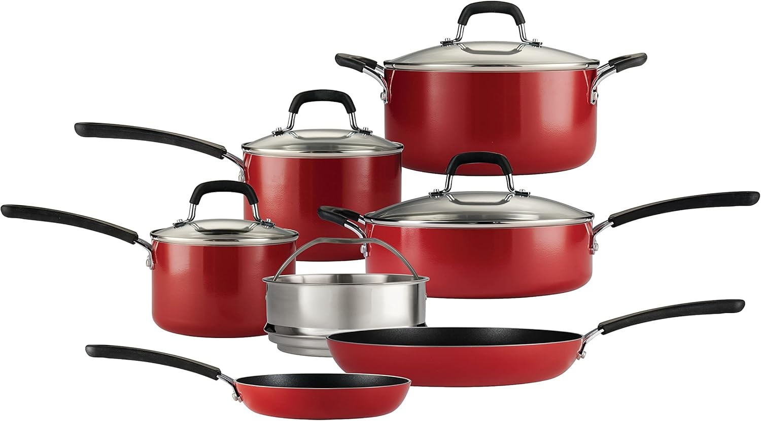 image:imageTramontina 11Piece Non Stick Cookware Set with Lids Aluminum Nonstick Pots and Pans Kitchen Set RedRed